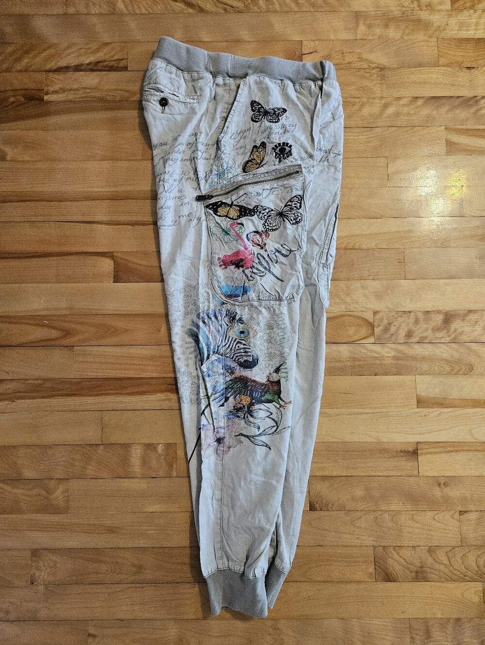 Desigual Trousers Miner-Style Pants Beige With Gorgeous Flowers Butterflys Eyes - Picture 4 of 9